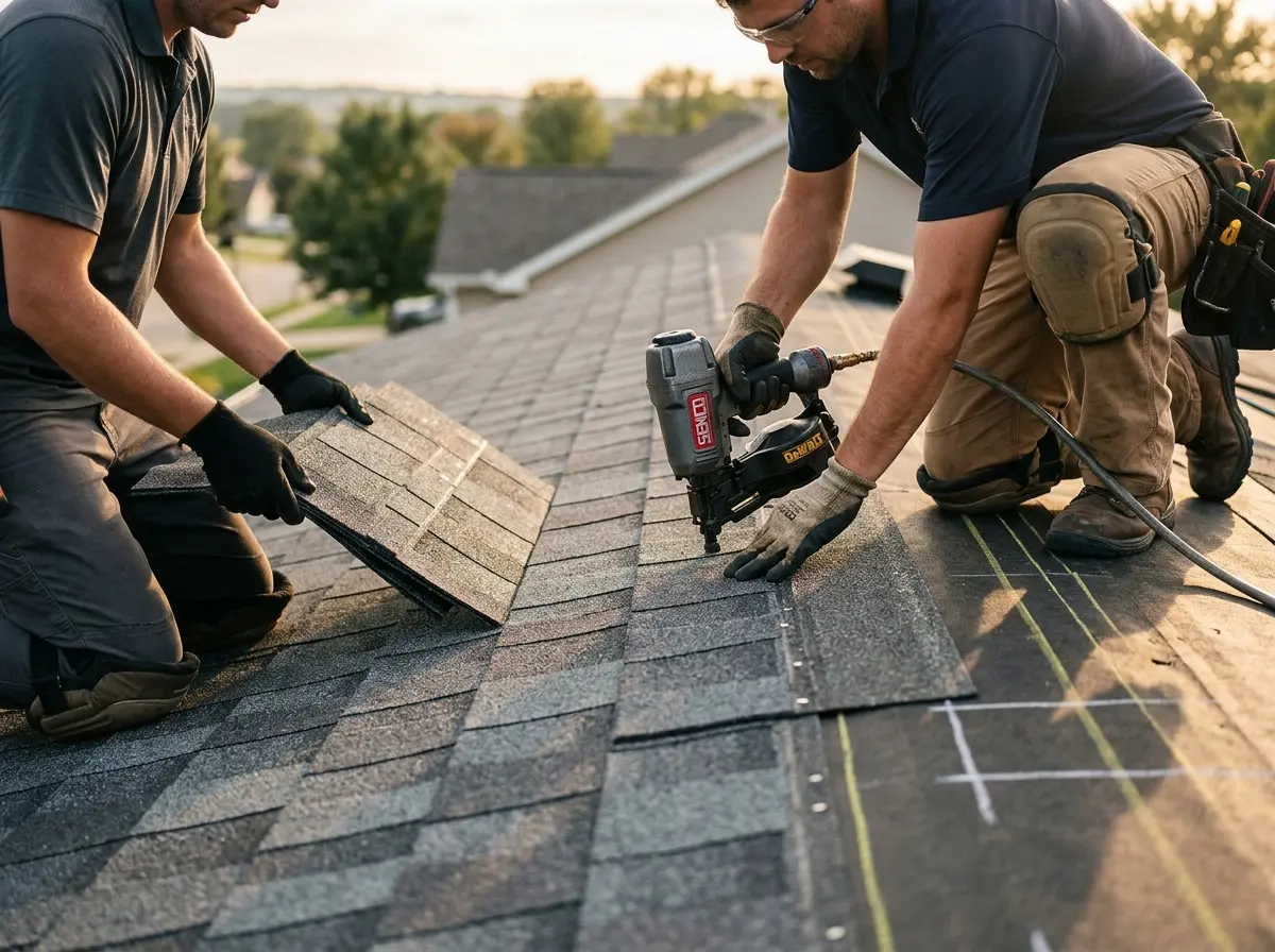 Professional roofer working on a residential roof in Kayenta
